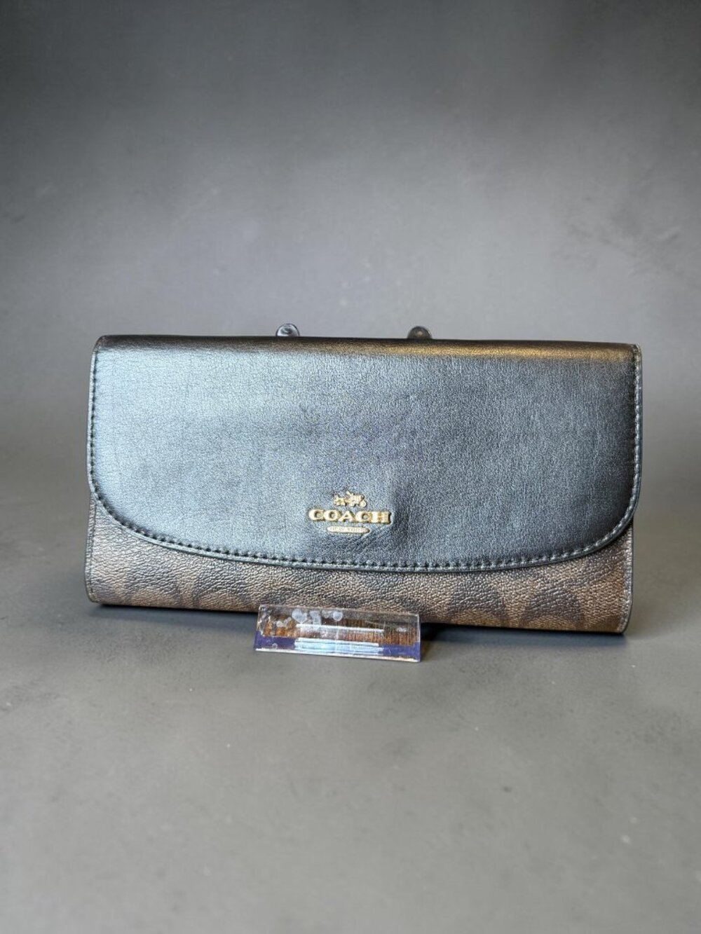 Coach Signature Trifold Wallet — Black Leather & Brown Signature Canvas